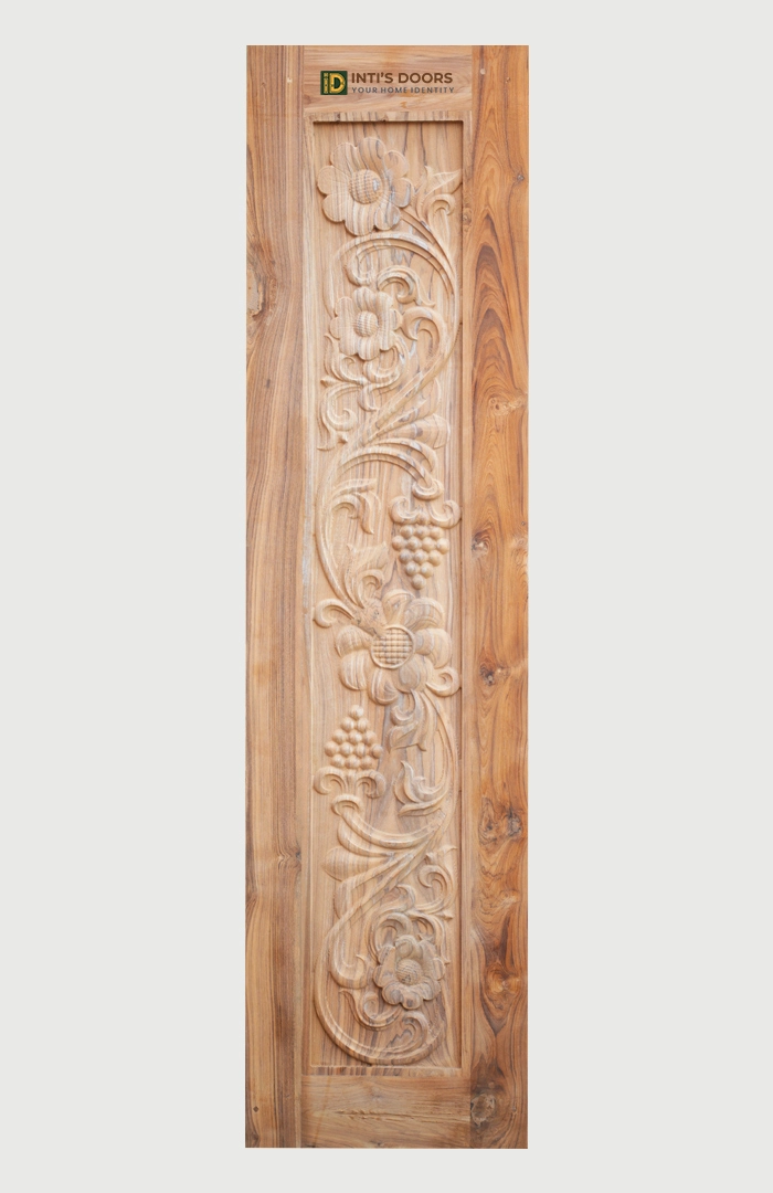 Hand-Carved Teak Wood Door Panel with Floral Vine Design