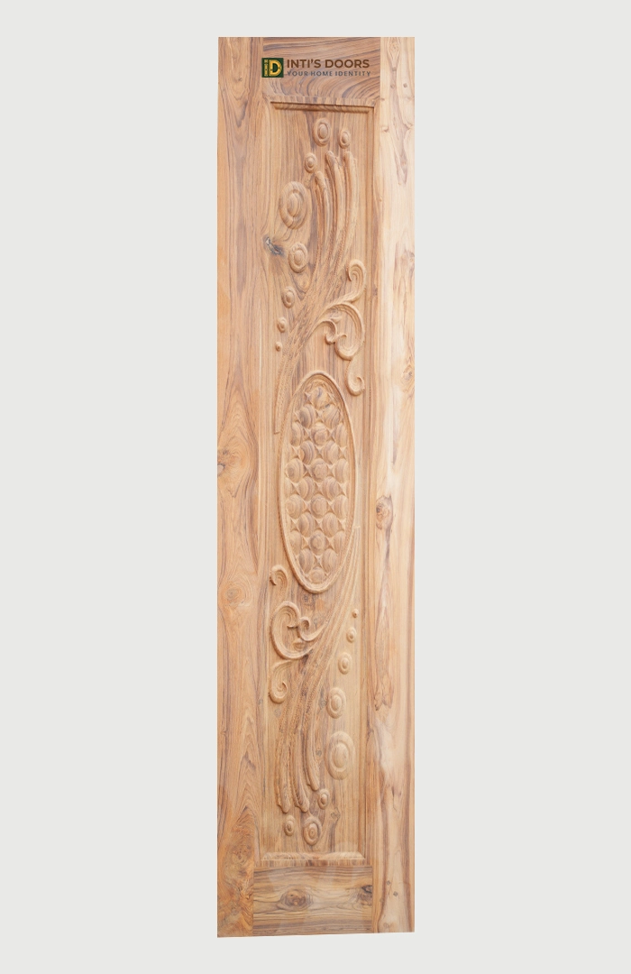 Hand-Carved Teak Wood Door Panel with Traditional Motif Design