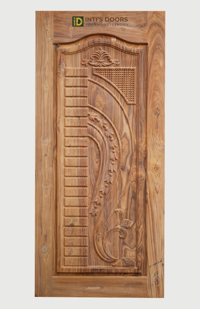 Hand-Carved Teak Wood Single Door with Artistic Floral Curve Design