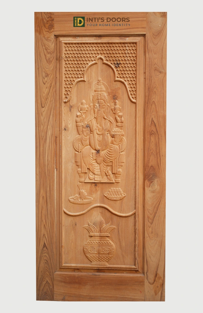 Hand-Carved Teak Wood Single Door with Lord Ganesha Motif