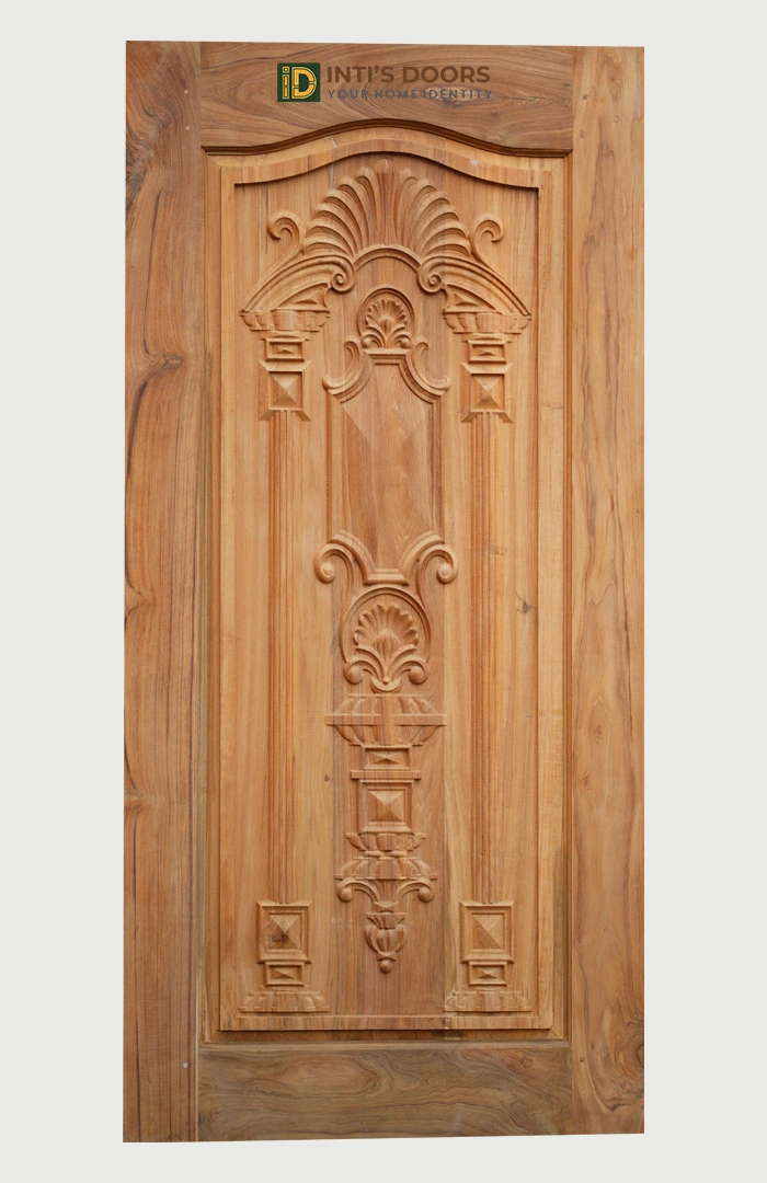 Hand-Carved Teak Wood Single Door with Traditional Floral Motifs